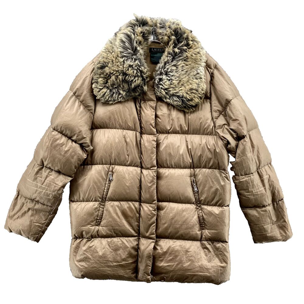 Lauren Ralph Lauren Puffer Down Jacket Womens Beige Faux Fur Trim Parka Mob Chic